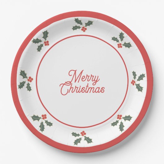 Merry Christmas Holly Plate Red and White ペーパープレート (正面)