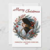 Merry Christmas Holly Wreath Photo Holiday Card シーズンカード (正面)