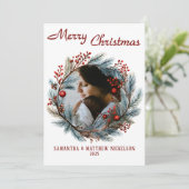 Merry Christmas Holly Wreath Photo Holiday Card シーズンカード (スタンド正面)
