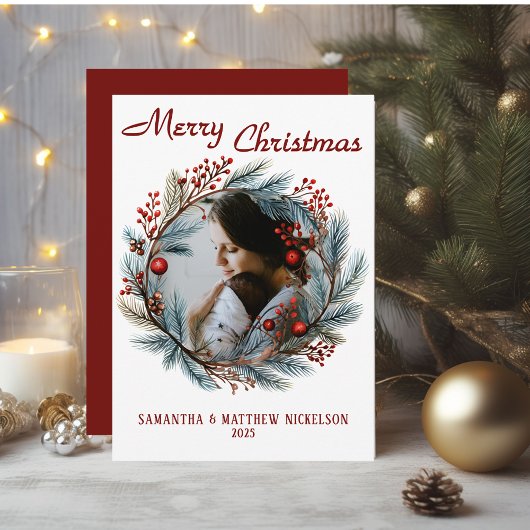 Merry Christmas Holly Wreath Photo Holiday Card シーズンカード