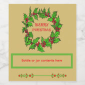 Merry Christmas Holly Wreath With Berries  ワインラベル (シングルラベル)