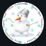 Merry Christmas in 違う Languagesステッカー ラウンドシール<br><div class="desc">メリークリスマス違う語言語雪だるまと雪片シール</div>