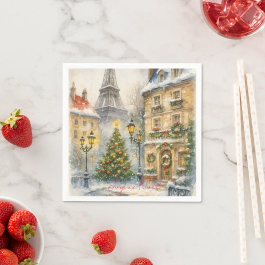 Merry Christmas in Paris Watercolor Eiffel Tower スタンダードカクテルナプキン (インサイチュ)