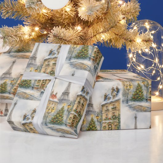 Merry Christmas in Paris Watercolor Eiffel Tower  ラッピングペーパー (クリスマス)
