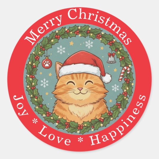 Merry Christmas Joy Love Happiness Cute Cat  ラウンドシール (正面)