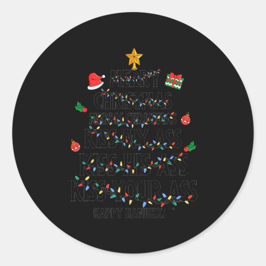 Merry Christmas Kiss My Happy Hanukkah Funny Xmas ラウンドシール (正面)