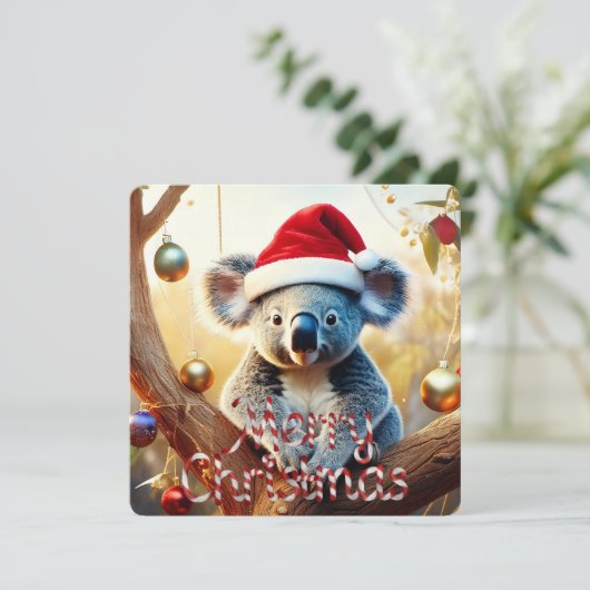 Merry Christmas Koala Santa hat Gumtree Baubles シーズンカード (スタンド正面)
