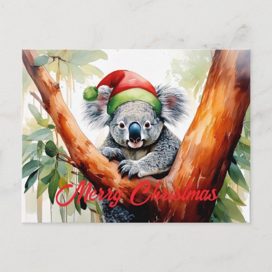 Merry Christmas Koala sitting in Gumtree シーズンポストカード (正面)