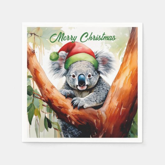Merry Christmas Koala sitting in Gumtree スタンダードカクテルナプキン (正面)