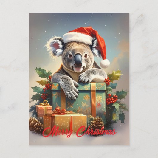 Merry Christmas Koala with presents and holly シーズンポストカード (正面)