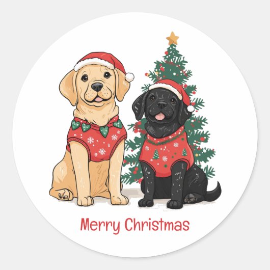 Merry Christmas Labrador Retriever Dogs ラウンドシール (正面)