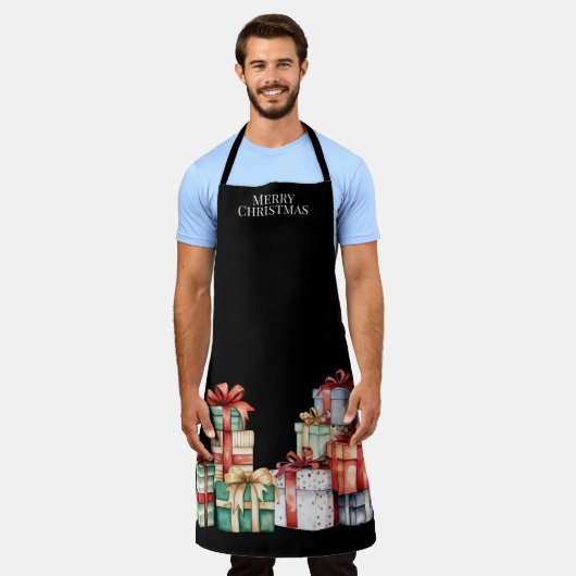 Merry Christmas, Large Christmas Gifts Wrapped Blk エプロン (着用した状態)