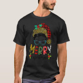 Merry Christmas Leopard Messy Bun Happy Xmas 4 Tシャツ (正面)