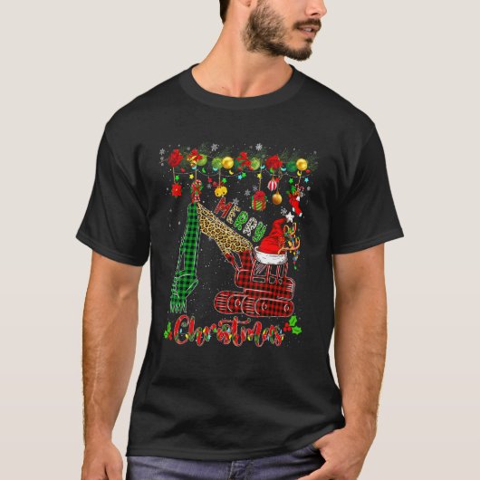 Merry Christmas Leopard Plaid Santa Reindeer Elf E Tシャツ (正面)