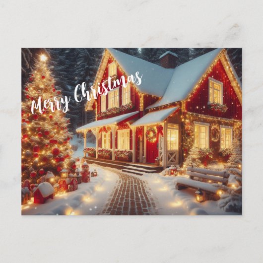 Merry Christmas Lighted Home and Christmas Tree ポストカード (正面)