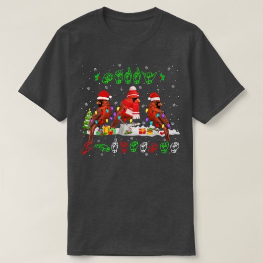 Merry Christmas Lights Cardinal Bird ASL Sign Lang Tシャツ (デザイン正面)