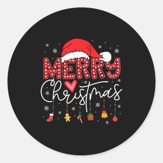 Merry Christmas Lights Red Santa Hat Xmas Family M ラウンドシール (正面)