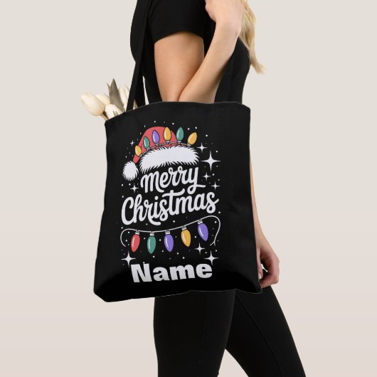 Merry Christmas Lights Santa Hat Personalized Gift トートバッグ (クローズアップ)