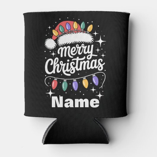 Merry Christmas Lights Santa Hat Personalized Gift 缶クーラー (正面)