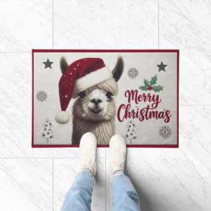 Merry Christmas Llama with Santa Hat, クリスマスLlama ドアマット