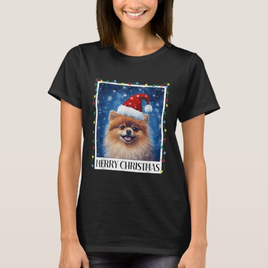 Merry Christmas Meranian Santa Hat Xmas Dog Lights Tシャツ (正面)