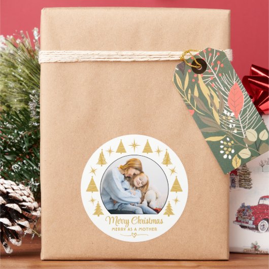 Merry Christmas Merry As A Mother White Gold Photo ラウンドシール (クリスマス)