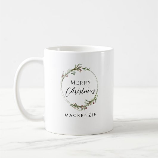 Merry Christmas Minimalist Name Wreath コーヒーマグカップ (左)