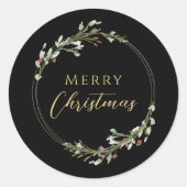 Merry Christmas Minimalist Wreath Black ラウンドシール (正面)