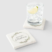 Merry Christmas Minimalist Wreath White ストーンコースター (横)