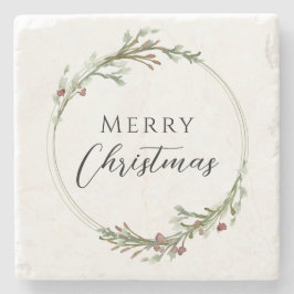 Merry Christmas Minimalist Wreath White ストーンコースター