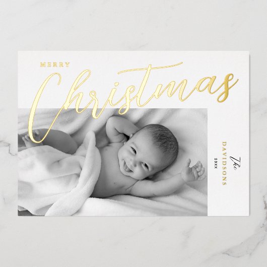 Merry Christmas Modern Gold Script Photo 箔シーズンカード (正面)