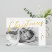 Merry Christmas Modern Gold Script Photo 箔シーズンカード (立ち正面)