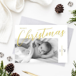 Merry Christmas Modern Gold Script Photo 箔シーズンカード