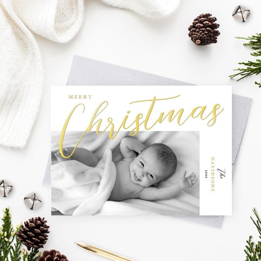 Merry Christmas Modern Gold Script Photo 箔シーズンカード
