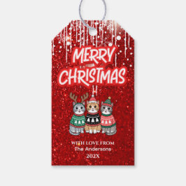 Merry Christmas Modern Red Cute Cats ギフトタグ