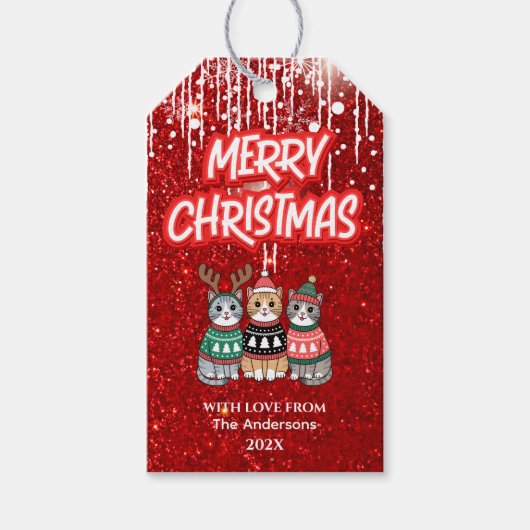 Merry Christmas Modern Red Cute Cats ギフトタグ (正面)