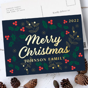 Merry Christmas Modern Red Holly Berries Foliage 箔シーズンポストカード