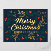 Merry Christmas Modern Red Holly Berries Foliage 箔シーズンポストカード (正面)