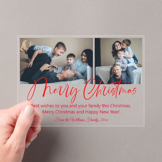 merry christmas modern red scrip 2 photos collage  アクリル招待状 (インサイチュ (ポータブル))
