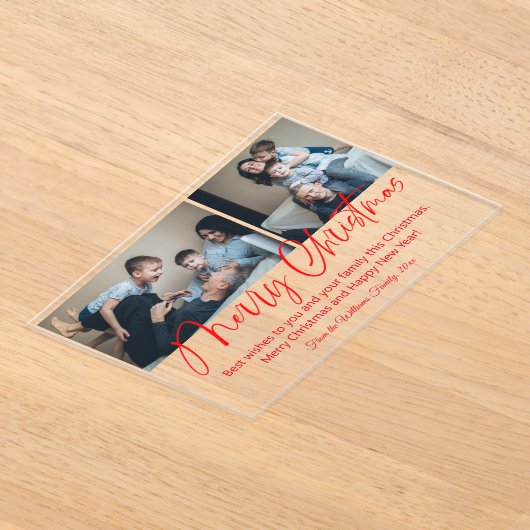 merry christmas modern red scrip 2 photos collage  アクリル招待状 (レイダウン)