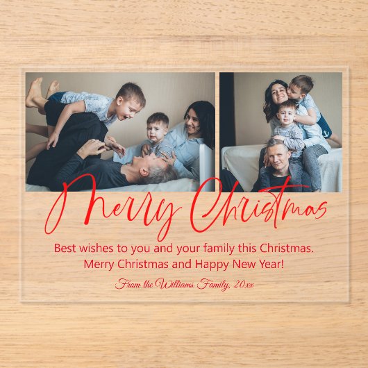 merry christmas modern red scrip 2 photos collage  アクリル招待状 (正面)