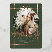 Merry Christmas Modern Script Bow Green 1 Photo 箔シーズンカード (正面)