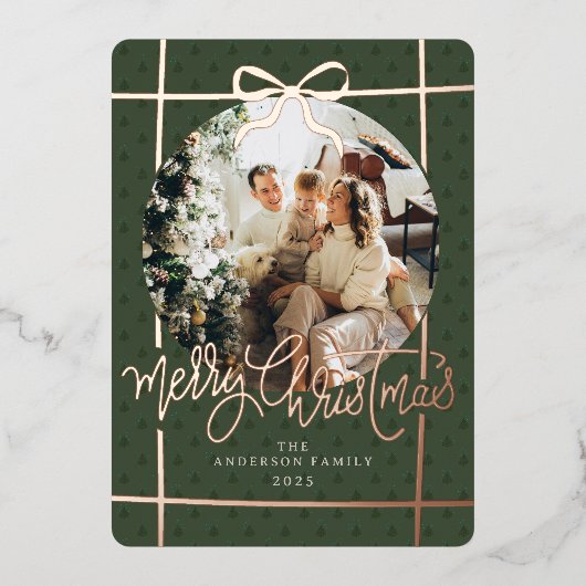Merry Christmas Modern Script Bow Green 1 Photo 箔シーズンカード (正面)