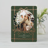 Merry Christmas Modern Script Bow Green 1 Photo 箔シーズンカード (立ち正面)
