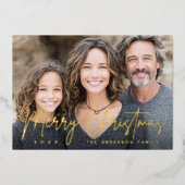 Merry Christmas modern script deep red photo 箔シーズンカード (正面)