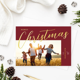 Merry Christmas Modern Wine Gold Script Photo 箔シーズンカード