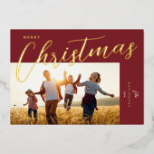 Merry Christmas Modern Wine Gold Script Photo 箔シーズンカード (正面)