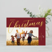 Merry Christmas Modern Wine Gold Script Photo 箔シーズンカード (立ち正面)