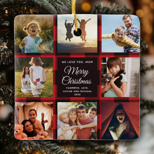 Merry Christmas Mom Red Plaid Family Photo Collage セラミックオーナメント
