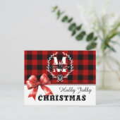 Merry Christmas Monogram Wreath Buffalo Plaid シーズンポストカード (スタンド正面)